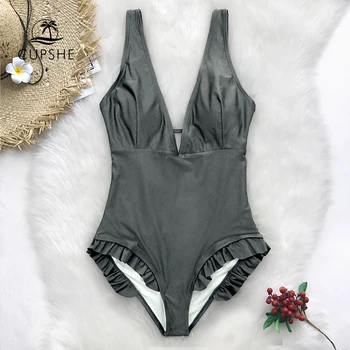 

CUPSHE Sweet Smile Solid Grey One-piece Swimsuit Backless Sexy Deep V neck Bikini Set Ladies Bathing Suit Ruffled Swimwear