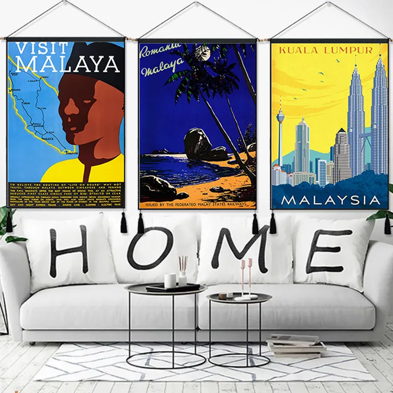 Малайзия, Kuala Lumpur, винтажная подвесная ткань, хлопковая линия, живопись, плакат, домашний декор, настенный гобелен, подарок