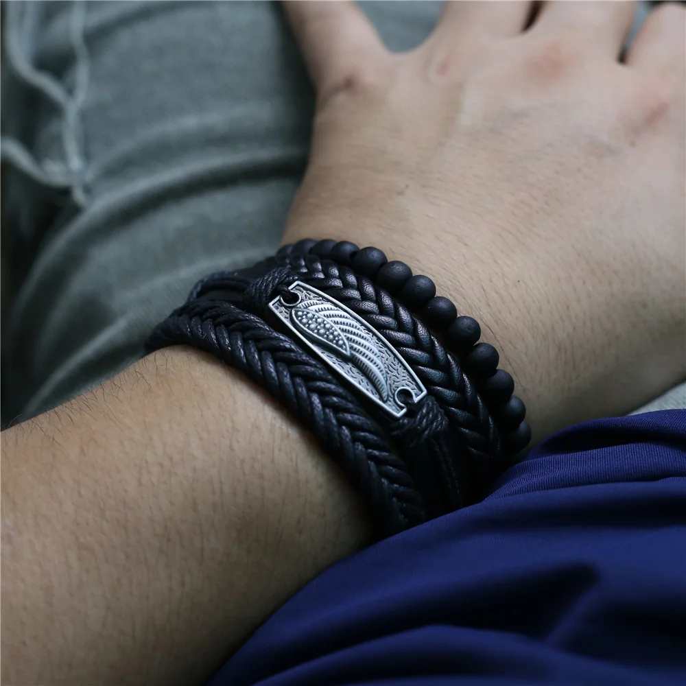 New 4 Pcs/set Guitar Cross Leaf Charm Weave Leather Men Bracelets For Women Homme Femme Male Jewelry free shipping