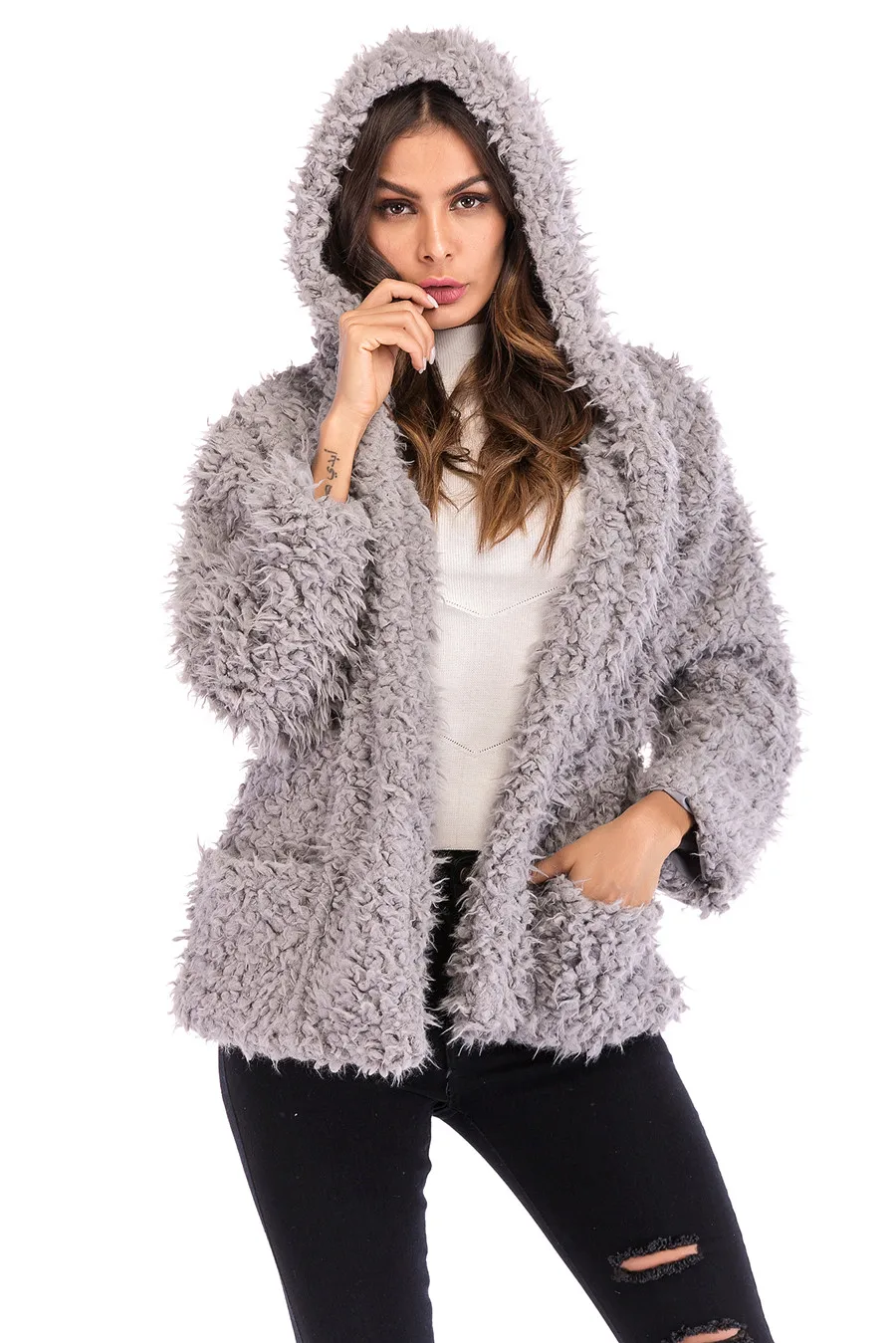 Casual Autumn Winter Teddy Coat Women Long Sleeve Pocket Loose Fluffy Jacket Warm Faux Fur Coat 2019 Short Hooded Overcoat  (14)