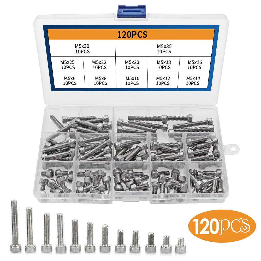 

120pcs/Box M5 Bolts Hex Socket Screws Round Cap Head Screw Bolts Assortment Kit 304 Stainless Steel Nuts Sets