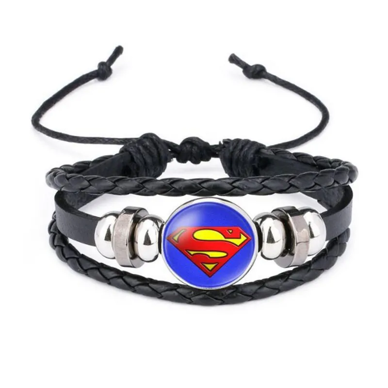 

Super Hero Badge Captain America Superman Charm Bracelet Vintage Jewelry Multi-layer Black Braided Leather Bracelet Women Men