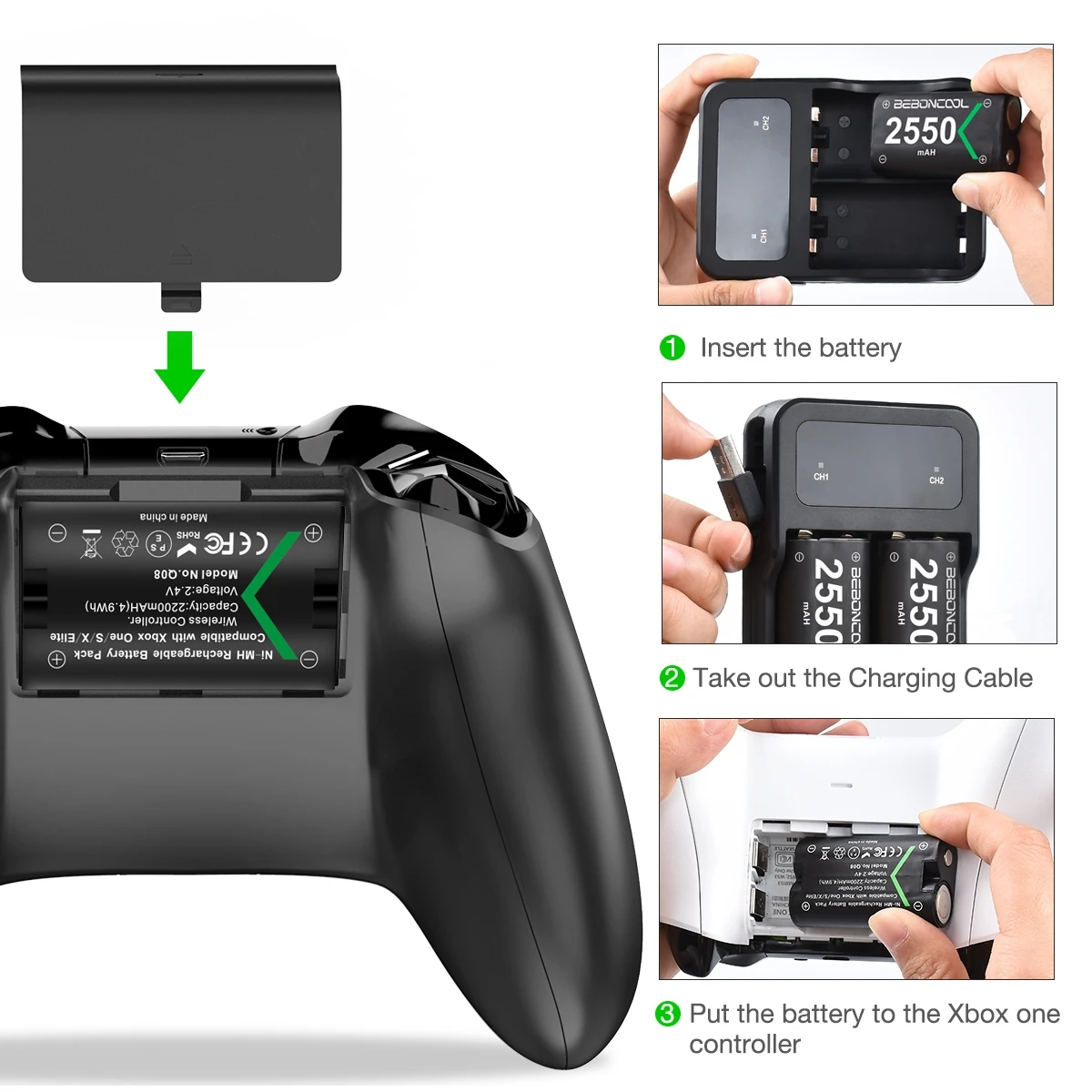 Recarregável para Xbox Gamepads sem Fio Bateria + Carregador Beboncool Bateria Série - s Xbox um Controlador Usb 2x2550mah x - Image 6