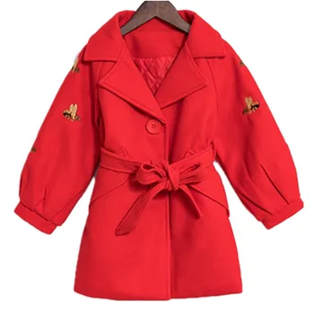 

Fashion Girls Wool blends Long Coats Teen Winter Coat Belted Bee Pattern For Kids