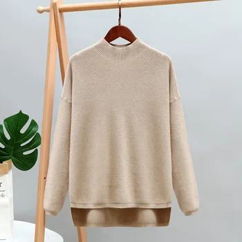 

2020 New Fashion Trend Women Oversized Turtleneck Sweater High Loose Knitted Pullovers Tops Half Neck Long Slit Thick Knit Hot
