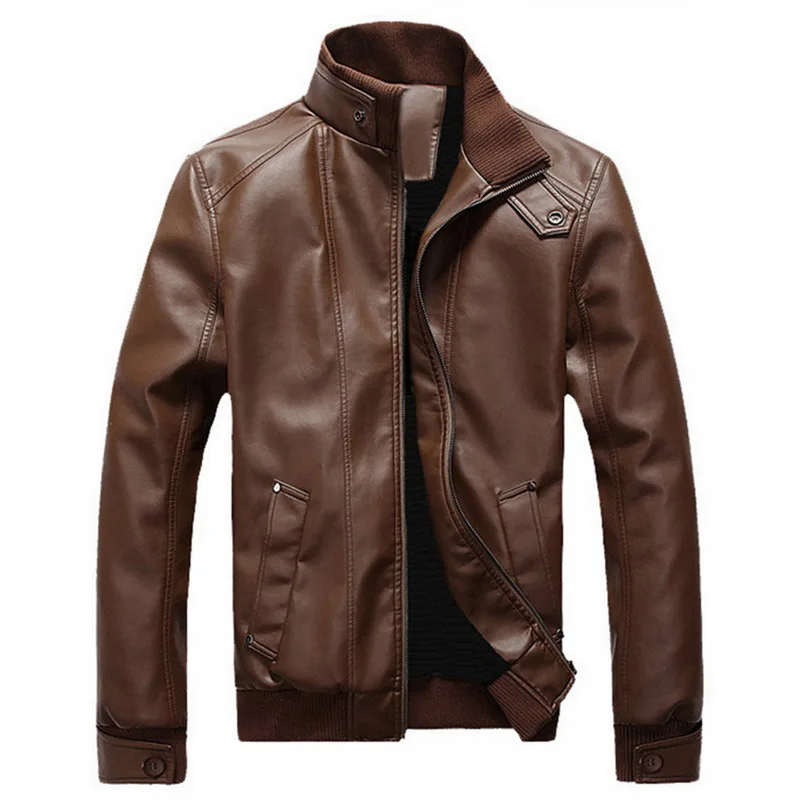 CYSINCOS Новая модная Осенняя мужская кожаная куртка размера плюс 3XL черные коричневые мужские пальто с воротником-стойкой кожаные байкерские куртки - Цвет: Brown