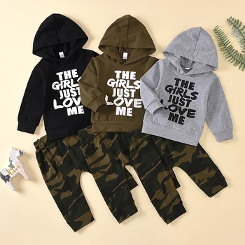 

2020 New Baby Fashion 2Pcs Spring Autumn Baby Boys Letters Print Long Sleeve Hoodie+Camouflage Trousers Outfit Set Hot