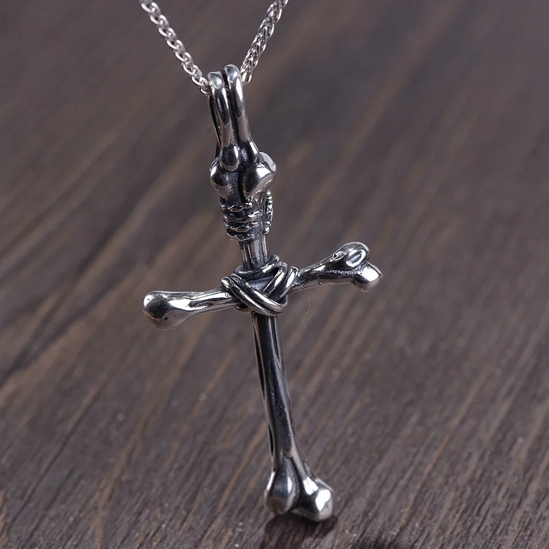 

Real Pure 925 Sterling Silver Religious Cross Pendant With Bone Male Stone Personalized Prayer Jewelry Ametist
