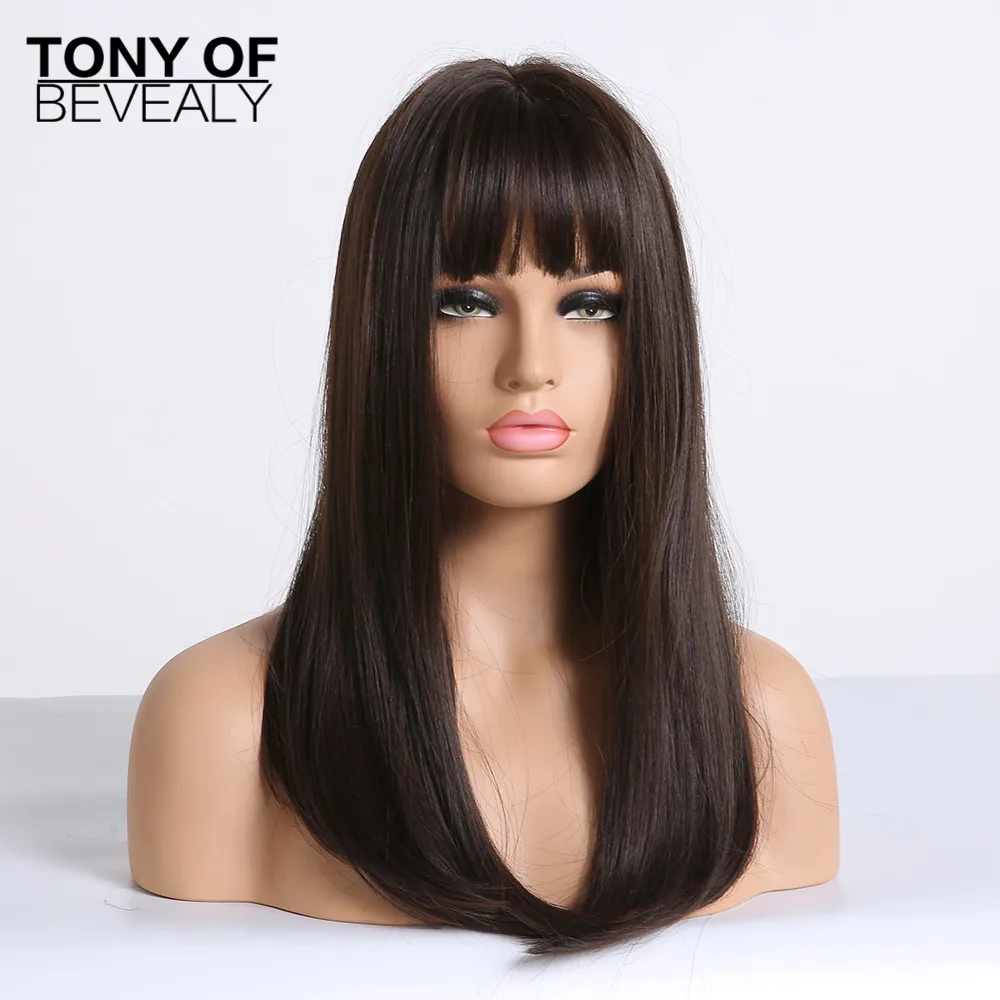 Long Straight Brown Wigs With Bangs Natural Synthetic Wigs for Women African American Cosplay Wigs Heat Resistant Fiber - Цвет: lc167-5