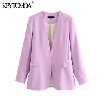

KPYTOMOA Women 2020 Fashion Office Wear V Neck Blazer Coat Vintage Long Sleeve Back Vents Pockets Female Outerwear Chic Tops