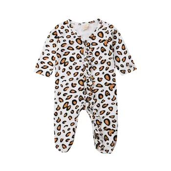 

Newborn Infant Baby Boy Girl Leopard Cotton Romper long sleeve v neck button Jumpsuit Bodysuit Clothes