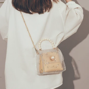 

Transparent Jelly bag Pearl Tote bag 2019 Summer New Quality PVC Women's Designer Handbag Chain Shoulder Messenger Bag Purses