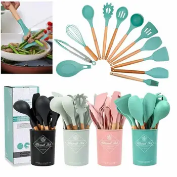 

11PCS/Set Silicone Cooking Utensils Set Non-stick Spatula Shovel Wooden Handle Cooking Tools Set With Storage Box Kitchen Tools