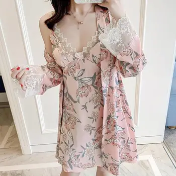 

Summer New Women Twinset Robe Set Stain Silky Nighty&Robe Set Female Lace Kimono Gown Casual Intimate Lingerie Home Clothes