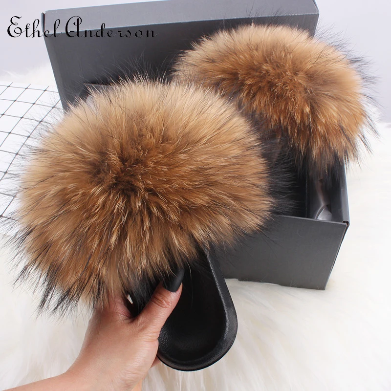 2021 Hot Sale Women Real Fox Fur Slippers Multi-color Summer Fashion Slides Casual Female Furry Shoes