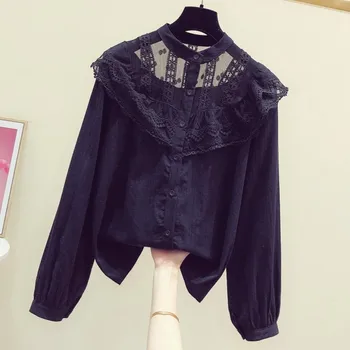 

2020 Spring New Lace Ruffle Panel Round Neck Mesh Cutout Long-Sleeve Shirt Women's Temperament Shirt Blouse Blusas Femme Top