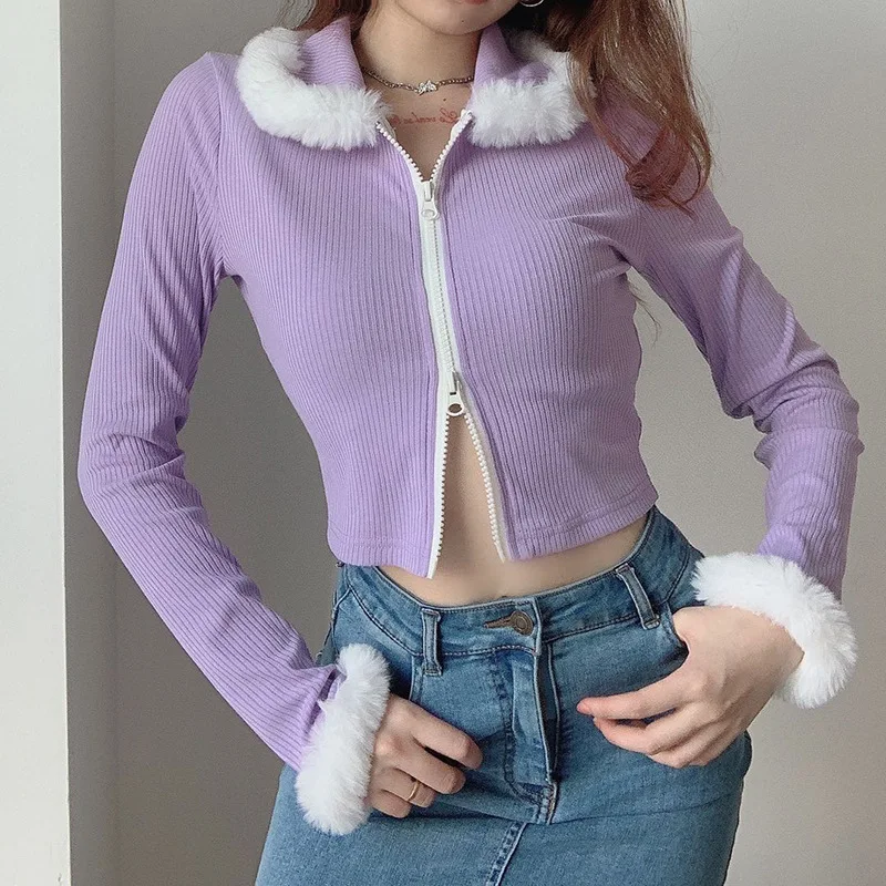 

Purple Women Winter Streetwear Blouse Top with Faux Fur Trim Zip Up Turn Down Collar Long Sleeve Crops Cardigan Sweater Outwear