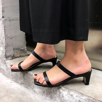 

Karinluna New Arrivals Fashion Cow Skin Genuine Leather Chunky Heels Slipper Mules Summer Woman Shoes Sandals Pumps Female