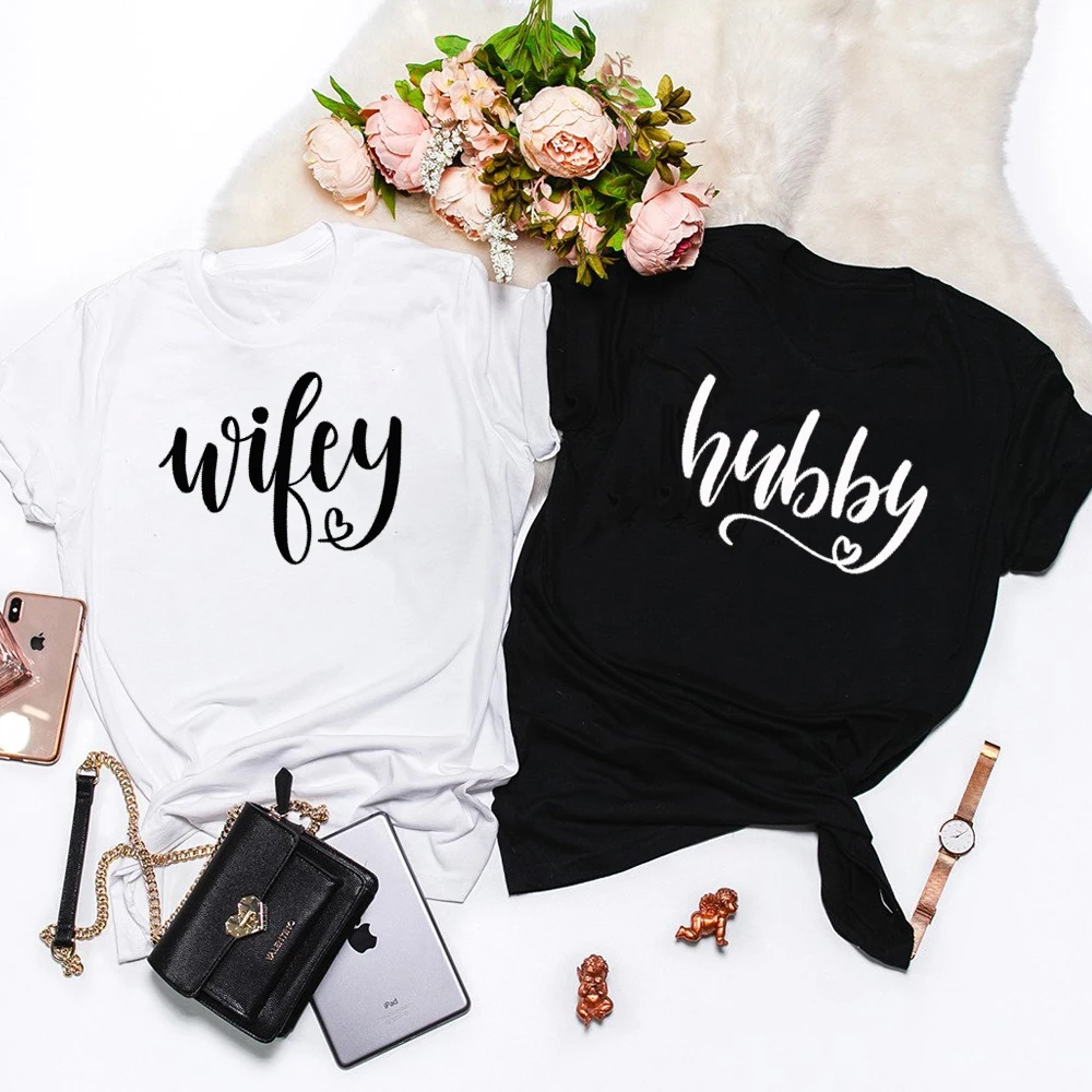 

Wifey & Hubby 100% хлопок футболка унисекс 90-х День Святого Валентина Топ персонализированный Новый парный подарок футболка для женщин Прямая поставка