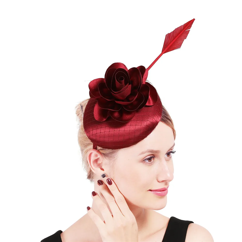 Women Cocktail Wedding Party Bridal Hat Fascinator Fashion marron Feather Satin Fascinator Hat Hair Clip Ladies Dress Headband