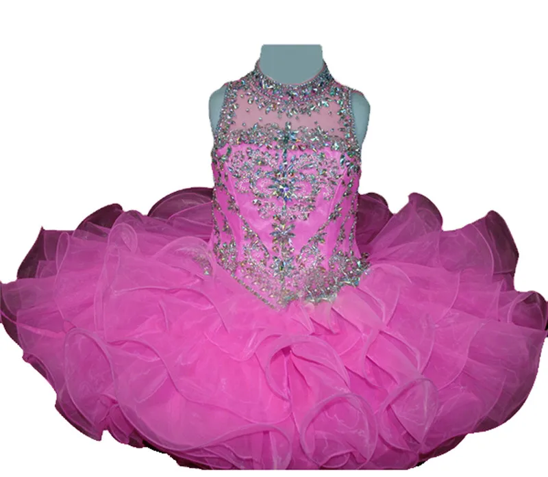 Hot Pink С высоким воротником, со стразами для маленьких мисс Национальный Пышное Отец дочь одежда для малышей для девочек в цветочек праздничное платье для первого причастия - Цвет: Hot Pink