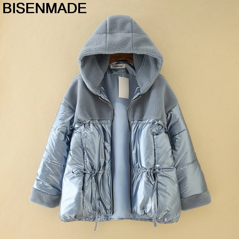 

BISENMADE Oversize Women's Parkas Winter New 2020 Loose Hooded Fleece Splice Shiny Fabrics Coat Jacket
