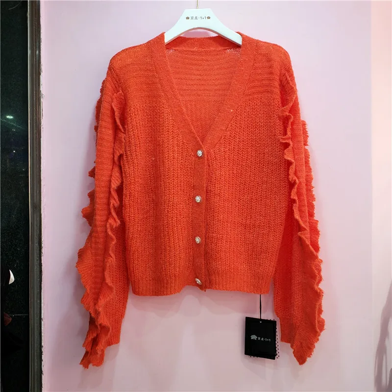 

Hollow Sweater Women's Lazy Wind 2020 Early Autumn New Loose Ruffles Long Sleebe V-neck Knitted Cardigan Coat Lady Tops