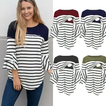 

Pudcoco Women Pregnant Maternity Clothes Nursing Top Baggy Stripe Breastfeeding T-Shirt Casual Loose Clothing Outfits