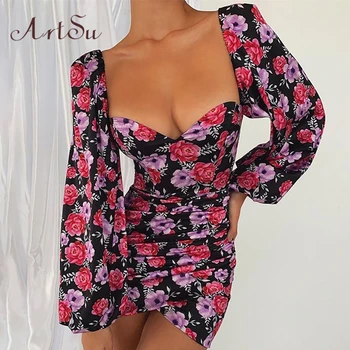 

ArtSu Cute Floral Print Square Collar Mni Dresses Sexy Slim Wrap Dress Party Night Club Dress Long Sleeve New Clothes ASDR60639