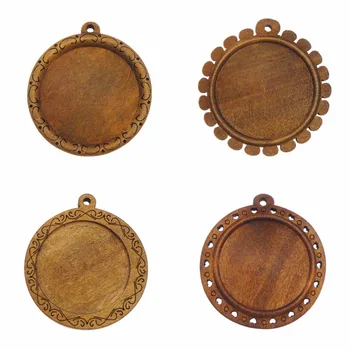 

GraceAngie 5pcs Hollow Wood Printing Round Bezel Cup Tray Blank Base Cabochon Charms For Necklace Earring DIY Pendant Findings