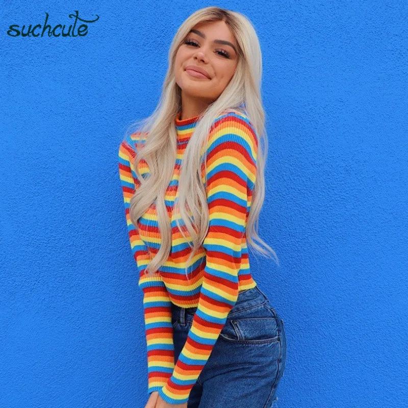 SUCHCUTE/женские футболки радужной вязки Modis Truthleneck Longslive Harajuku Готический Повседневный корейский стиль женские топы фестиваль