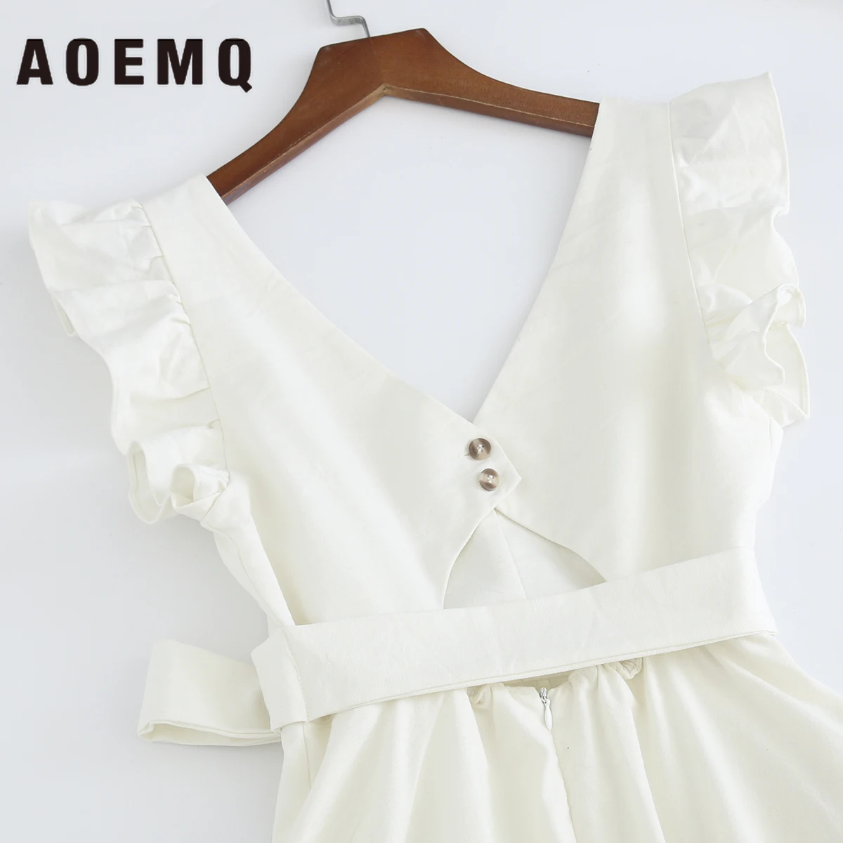 AQEMQ/милые платья летние платья с v-образным вырезом платья для девочек с открытой спиной и рукавами с рюшами и белым бантом женская одежда