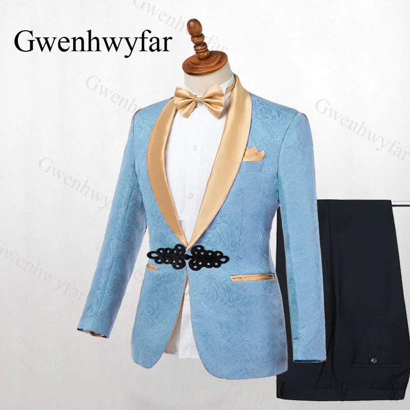 sky blue Gwenhwyfar, смокинги на пуговицах в форме лягушки, свадебные костюмы, серебро, Terno Masculino, мужской блейзер с брюками, 2 предмета, Мужской приталенный пиджак с отворотом - Цвет: sky blue
