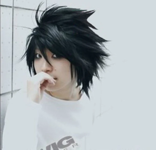 Anime Death Note L Cos Wig L.Lawliet Heat Resistant Black Fluffy Layered  Hair Pelucas Cosplay Costume Hair Wig + Wig Cap