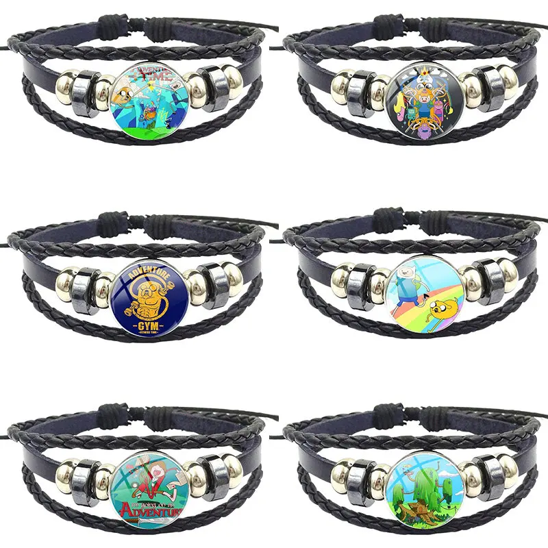 Adventure Time Logo For Women Children Vintage Fashion Glass Black Leather Bracelet Bangles Jewelry Handmade | Украшения и