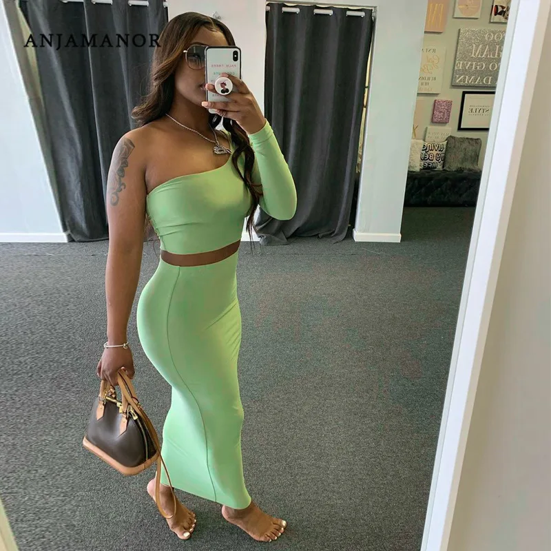 ANJAMANOR-Conjunto de 2 piezas de falda y un hombro, Top corto de manga larga, ropa de otoño para mujer, trajes de Club Sexy a la moda, D70-BD21, 2020