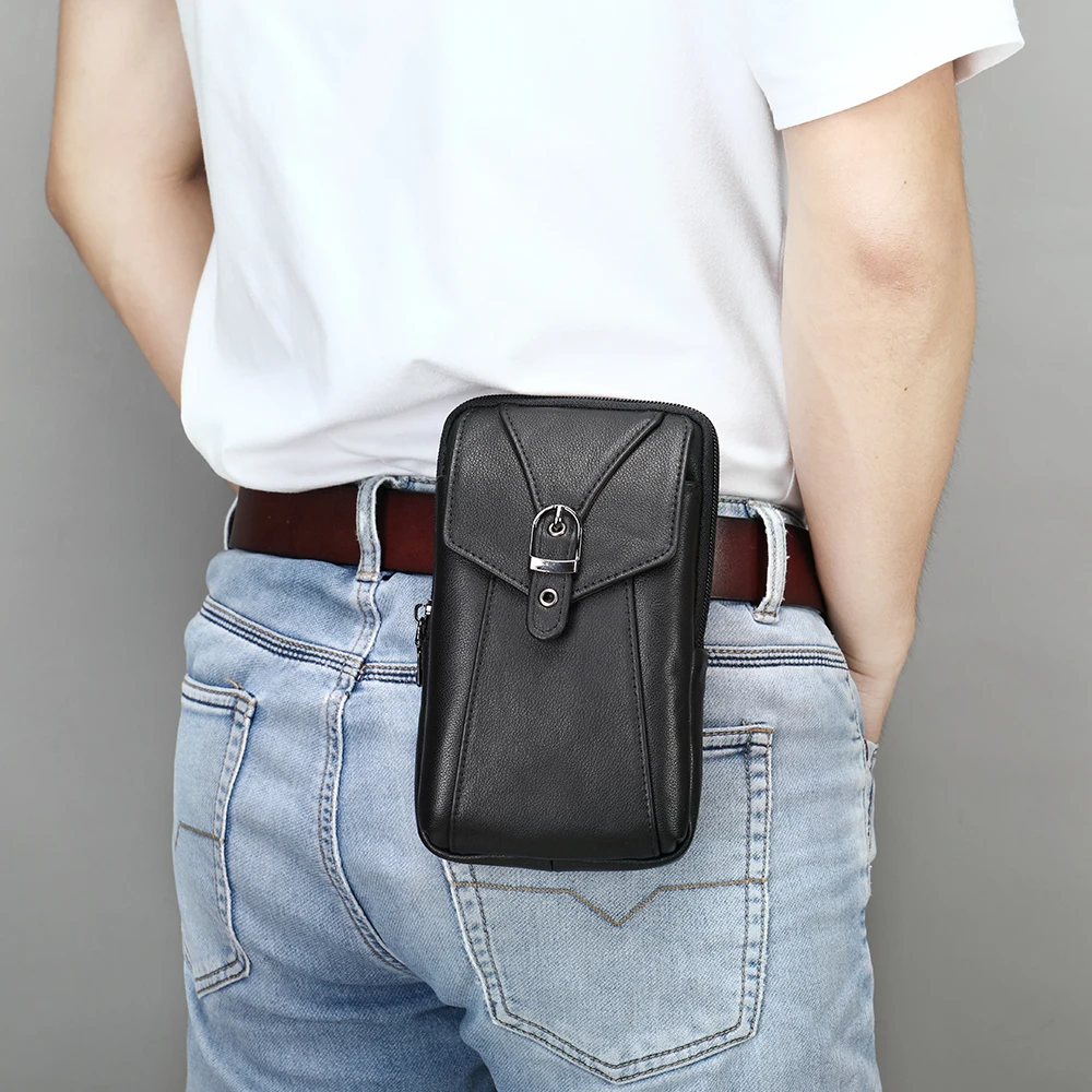 Men Genuine Leather Fanny Pack Cell Phone Cigarette Key Case Small Waist Pack Bag Cowhide Hook Design Waist Belt Bag    7485