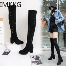 Новая обувь; женские ботинки; Черные Сапоги выше колена с заклепками; пикантные женские ботфорты; сезон осень-зима