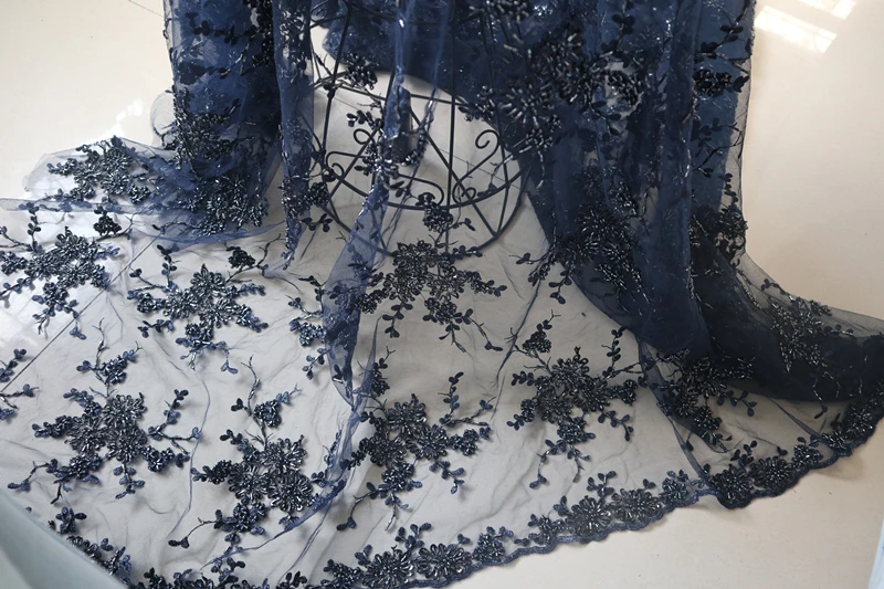 1 ярд Высококачественная темно-синяя ткань с крупным бисером синяя вышитая для