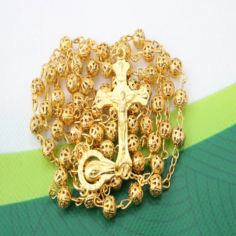 Католические серебряные четки полые золотые четки ожерелье с 6 мм католическая Золотая шляпа детское крещение