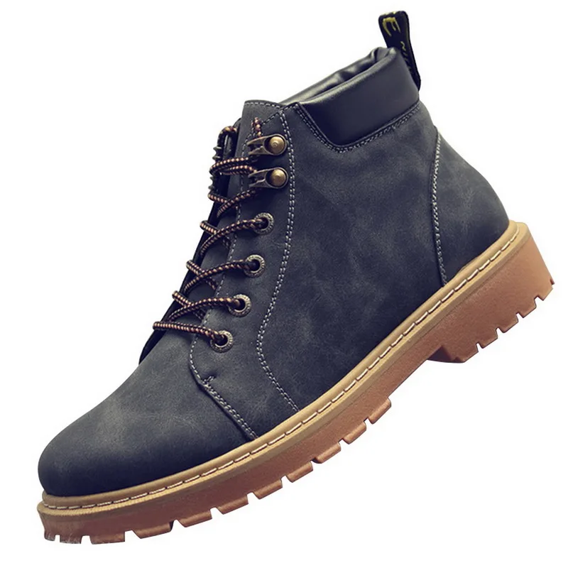 Men Fashion Short Boots Solid Color Low Heel Ankle Boots PU Leather Autumn Winter Warm Boots Outdoor Sport Sanded Boots New - Цвет: Grey
