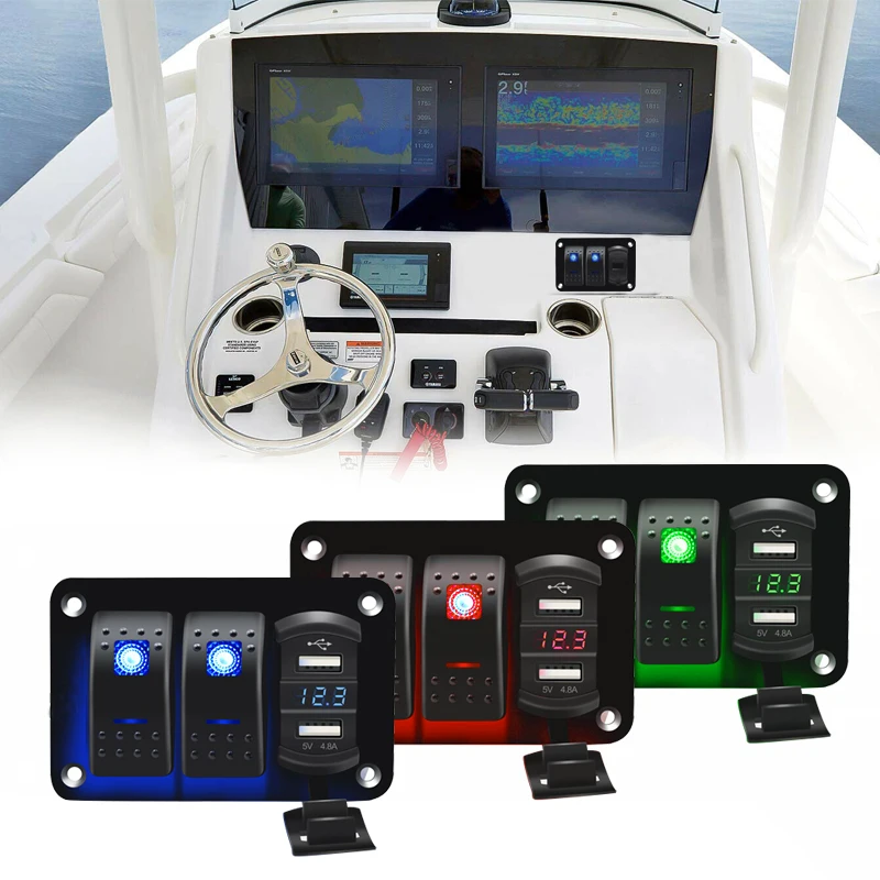 

Universal 3 Gang Toggle Rocker Switch Panel Dual USB LED Light Red/Green/Blue DIY sticker for Car Boat Marine RV Truck LED