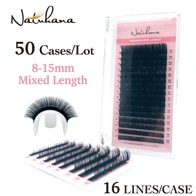 

NATUHANA 50Cases/Lot 16rows 8~15mm Mix JBCD Curl Premium Eyelash Extension Faux Mink Lash Natural Individual False Eyelashes