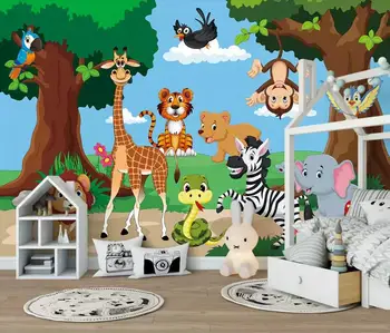 

CJSIR Wallpaper for Kids Room Cartoon Forest Tiger Giraffe Monkey Animal Background Wall Papel De Parede 3d Wallpaper Mural
