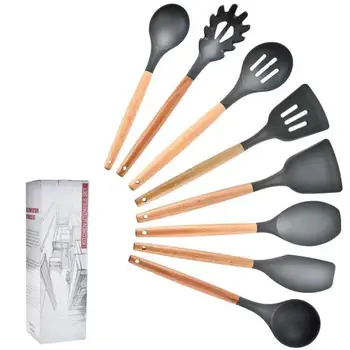 

8/9/11pcs Silicone Kitchenware Set Non-stick Cooking Utensils with Wooden Handle