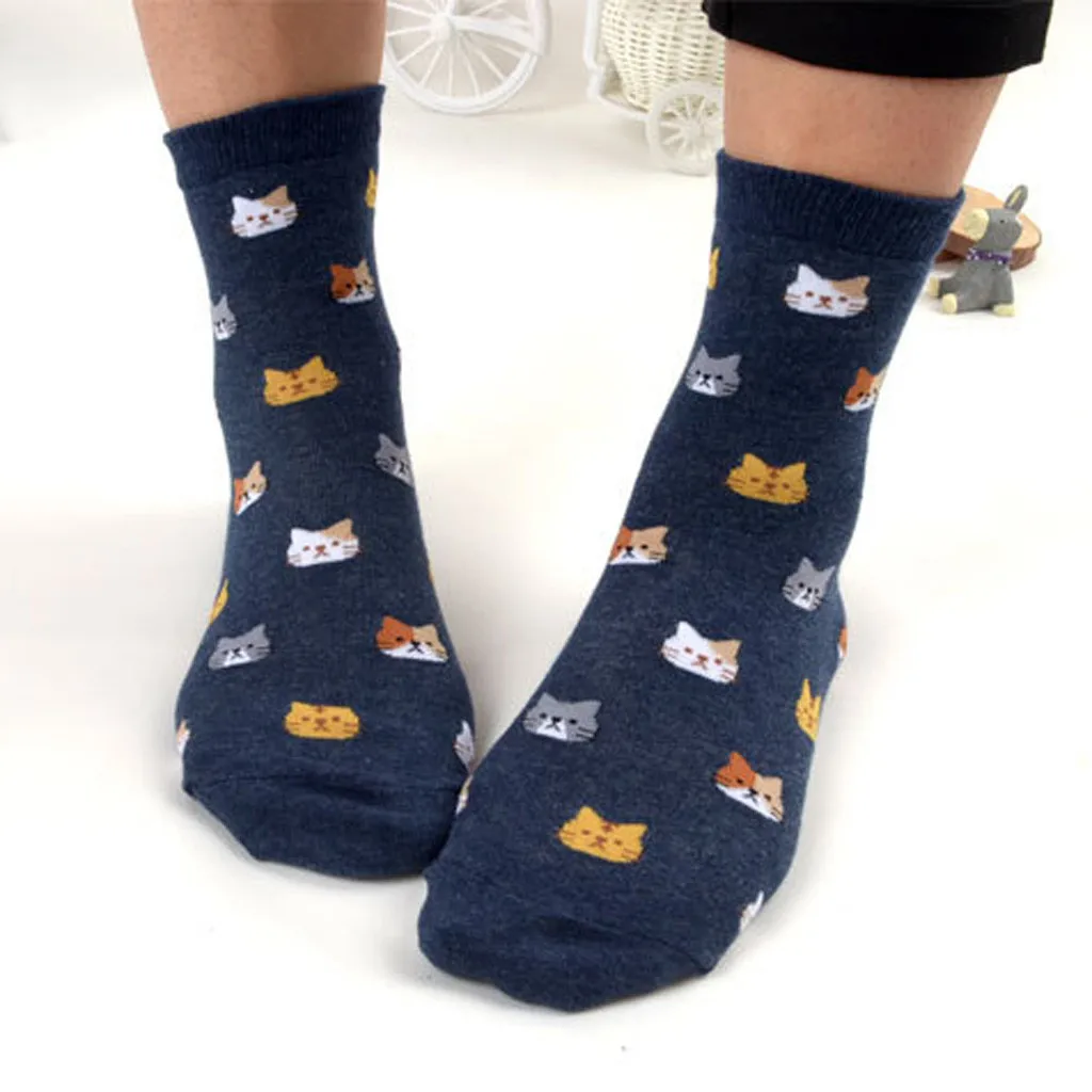 5 цветов, мужские Зимние Вязаные гольфы унисекс до середины икры, Забавные милые носки с изображением кота, носки с изображением мультяшных животных, хлопковые носки, 1 пара
