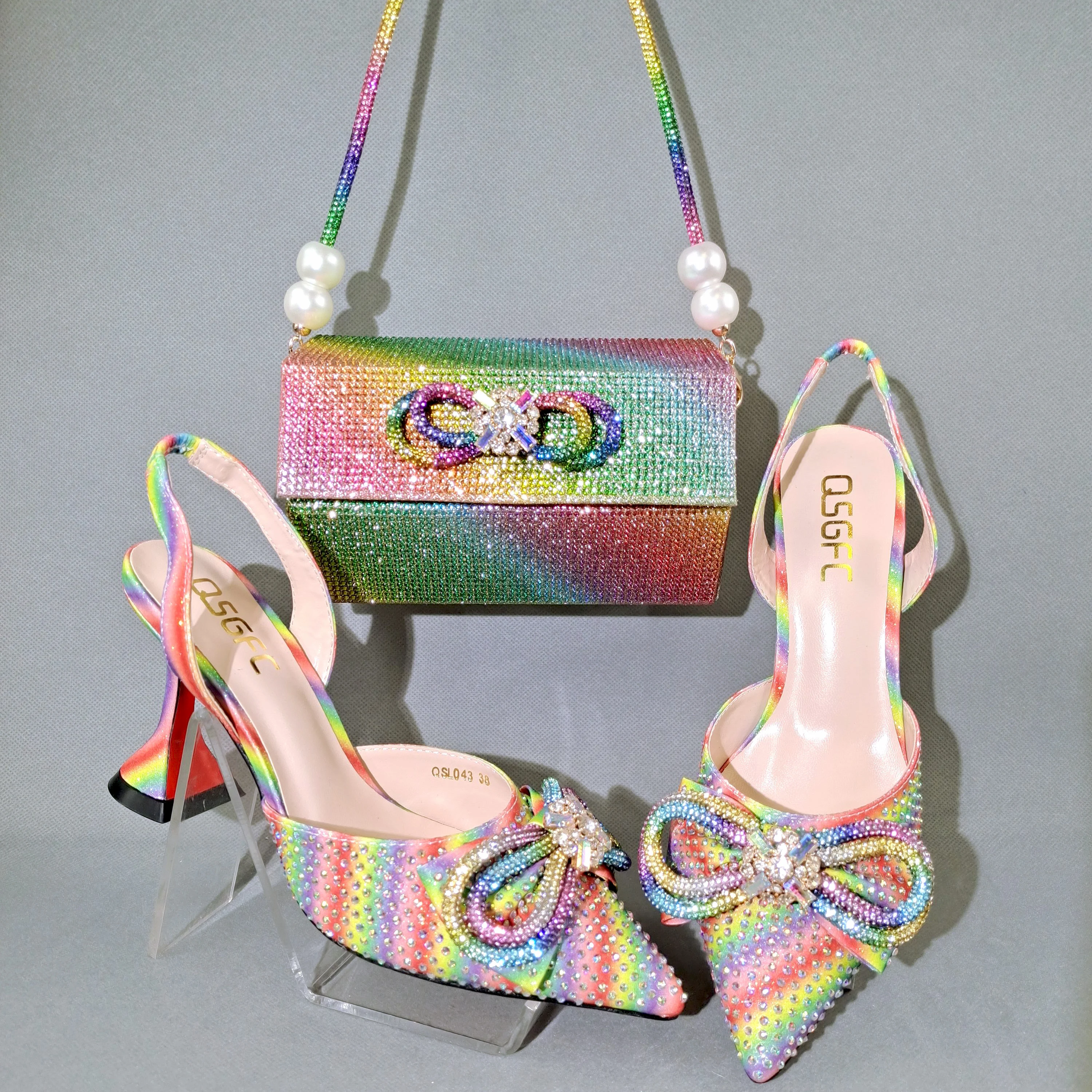 

Carol Party New Arrival Fashion Sweet Style Rainbow Color Ladies Shoes and Bag Set for Party Wedding
