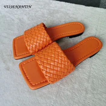 

Pure Color Flat Slippers Women Woven Summer Casual Beach Shoes Candy Color Sandals Runway Design Lazy Mules Slip on Slides