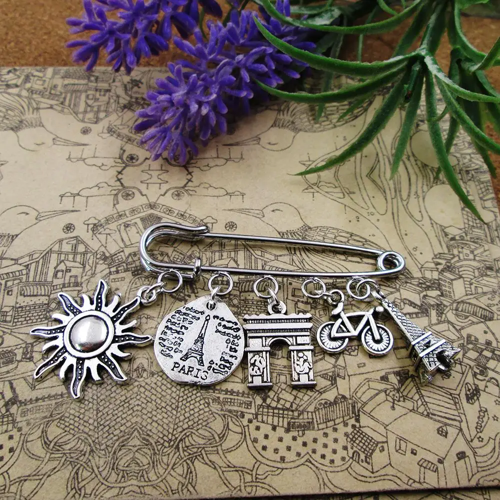 Paris France Pin Silver Torre Eiffel Croissant Ard De Triomphe & Bike Traveller Charm Spilla