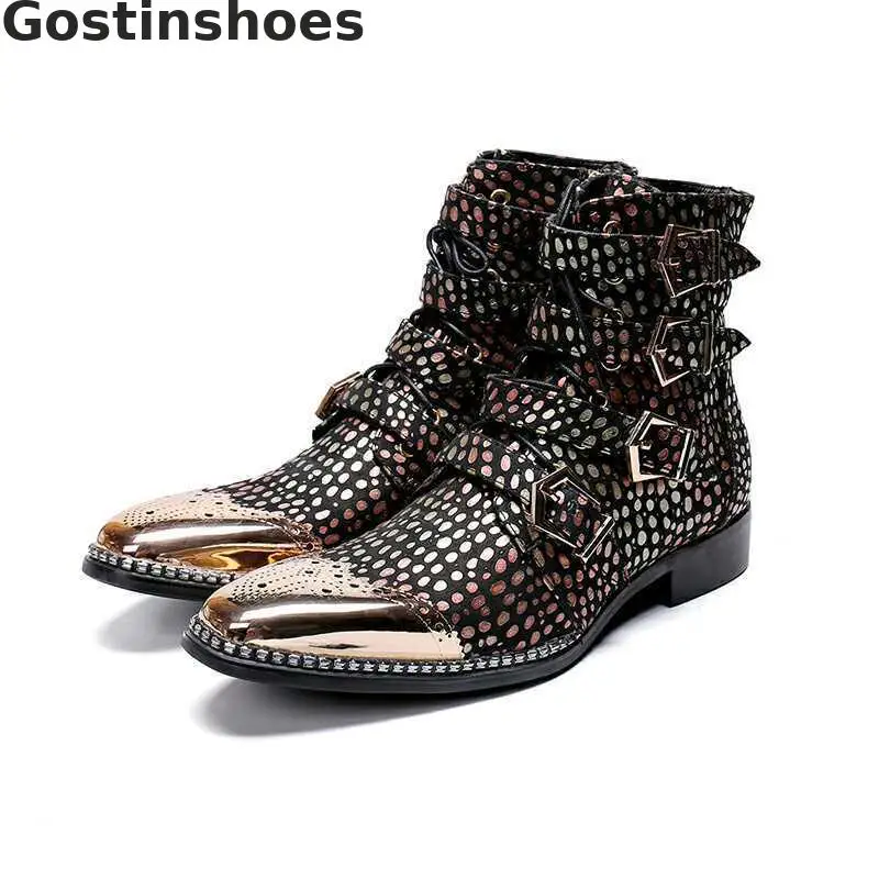 

Men Short Boots Genuine Leather Polka Dots Decortation Lace-up Buckle Straps Spring Autumn Motorcycle Boots Men Boots